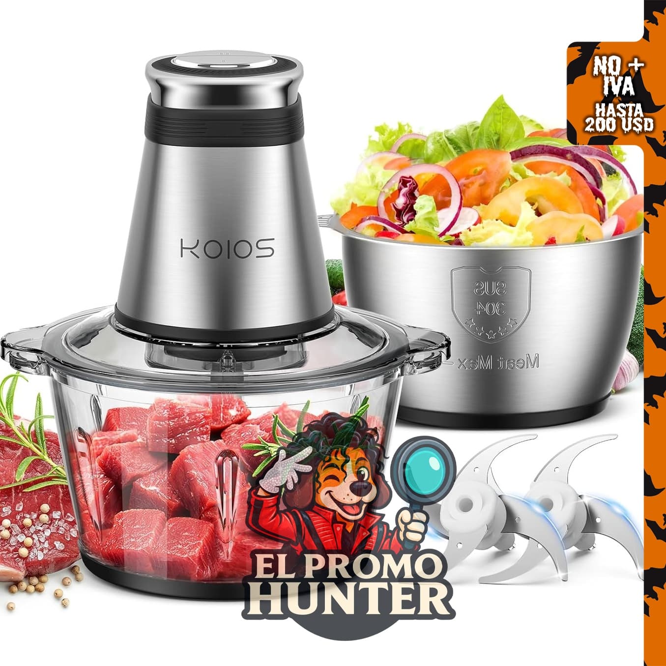 KOIOS Procesador de alimentos de 500 W con 2 cuencos de 8 tazas y 2 cuchillas de dos niveles.