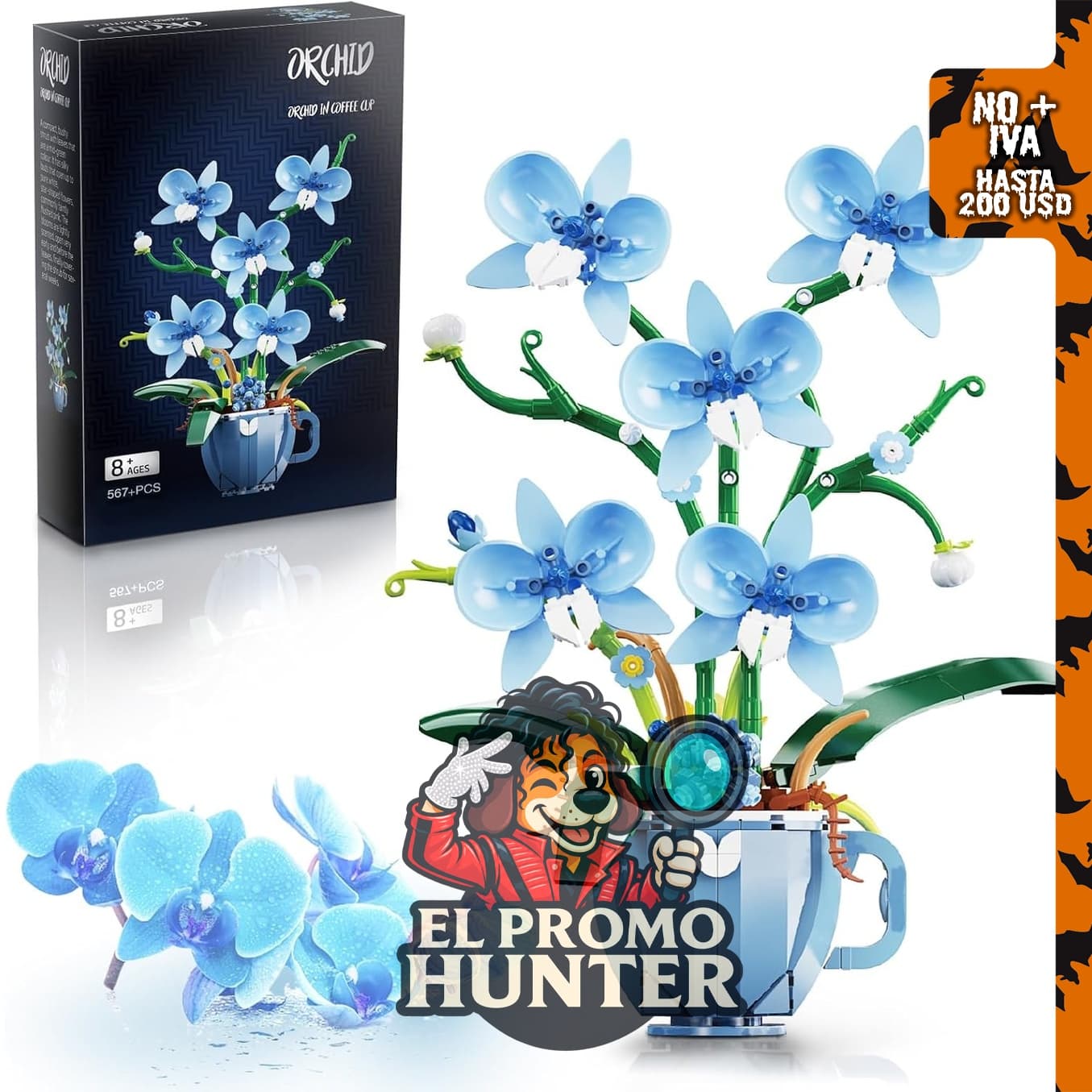 Juego de construcción de flores de orquídea azul con jarrón, compatible con flores botánicas de Lego.