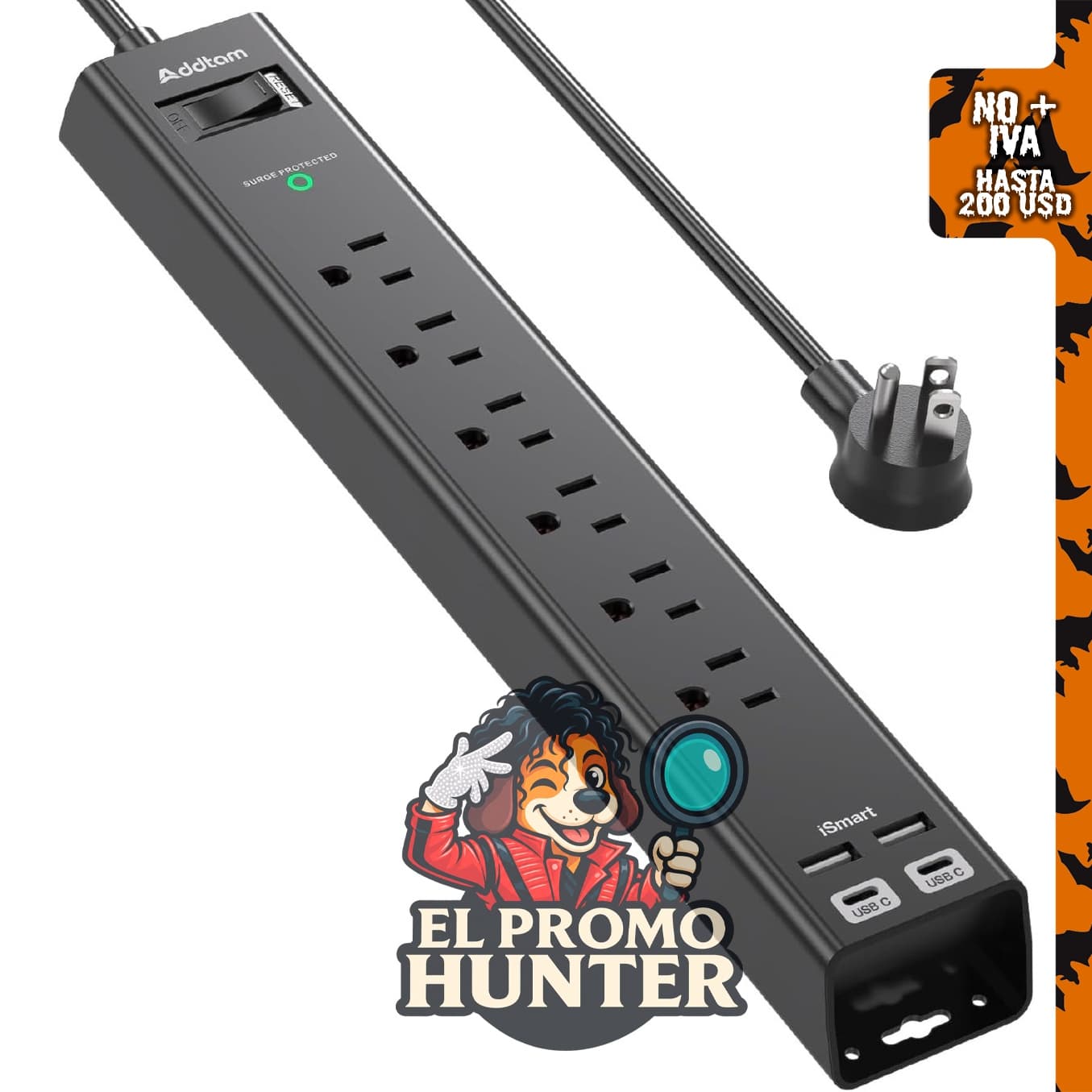 Addtam regleta protectora contra sobretensiones con 6 salidas de CA y 4 puertos USB (2 USB-C), cable de 61 cm.