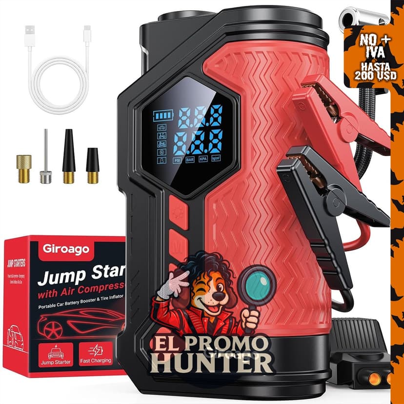 Giroago Jump Starter de 6000A con compresor de aire y inflador de neumáticos de 150PSI.