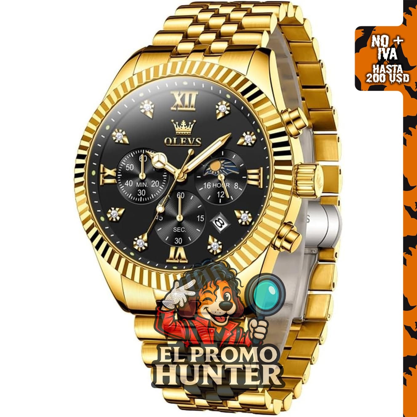 Reloj OLEVS de lujo para hombres, cara grande, acero inoxidable.