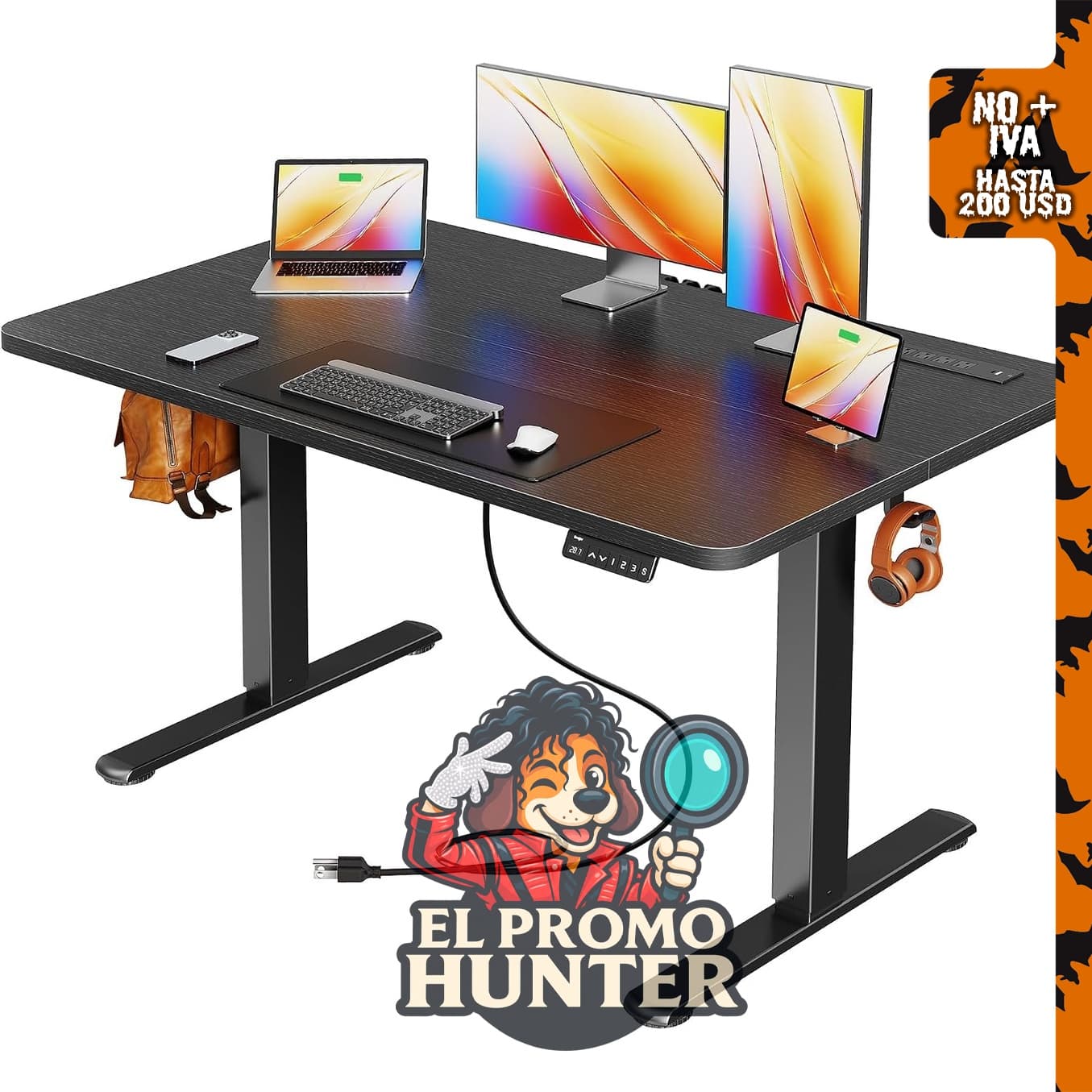 Huuger Escritorio eléctrico de pie ajustable de altura 120 x 60 cm con tomas de corriente y puerto USB-C.