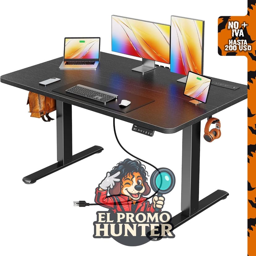 Huuger Escritorio eléctrico de pie ajustable de altura 120 x 60 cm con tomas de corriente y puerto USB-C.