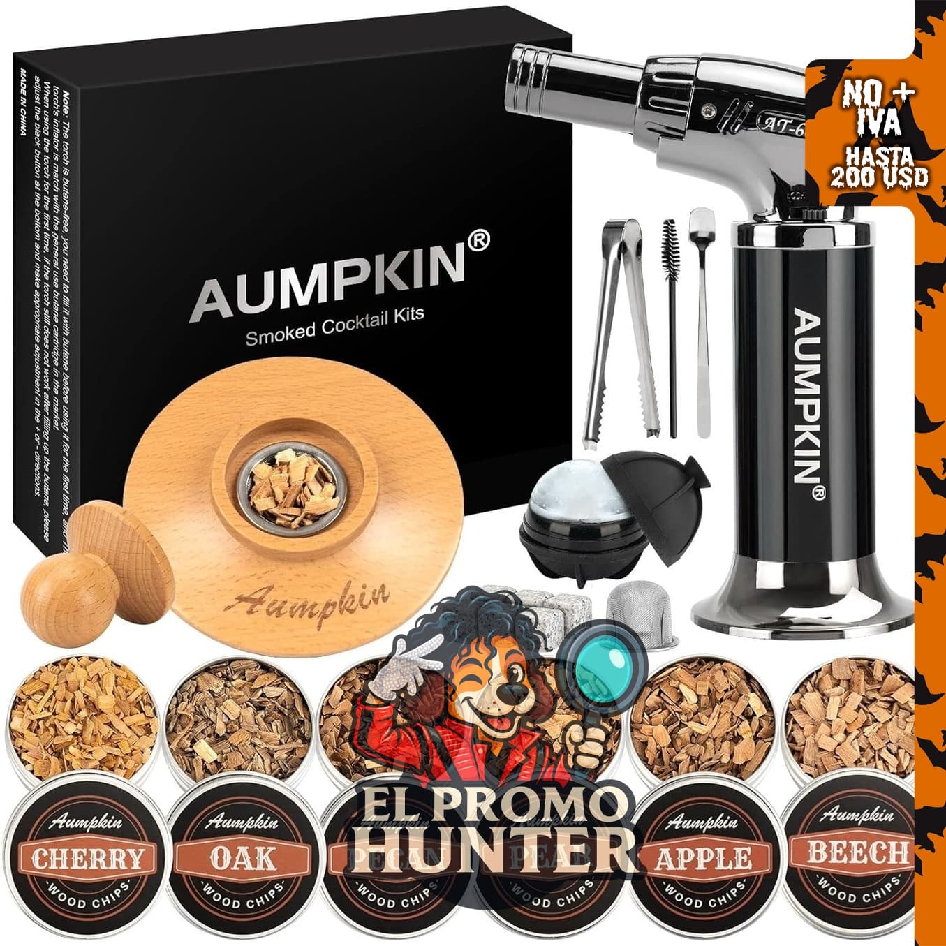 Kit para Ahumar Cócteles con Antorcha, incluye 6 sabores de astillas de madera para infundir bebidas.