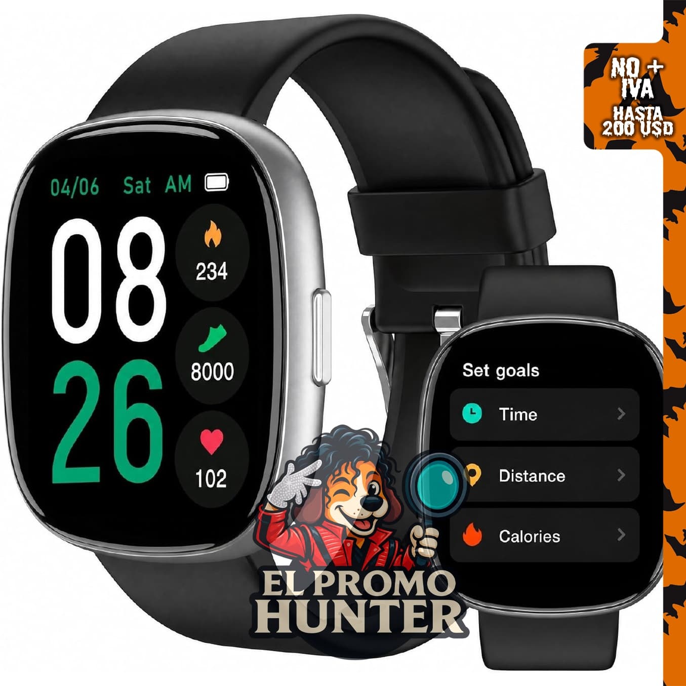 Smart Watch Bluetooth VRIFOZ con pantalla de 1.83", podómetro y función de llamadas.