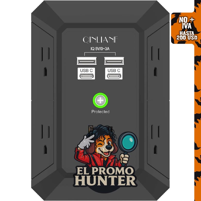 QINLIANF Protector contra sobretensiones, extensor de 5 salidas con 4 puertos USB (2 USB-C).