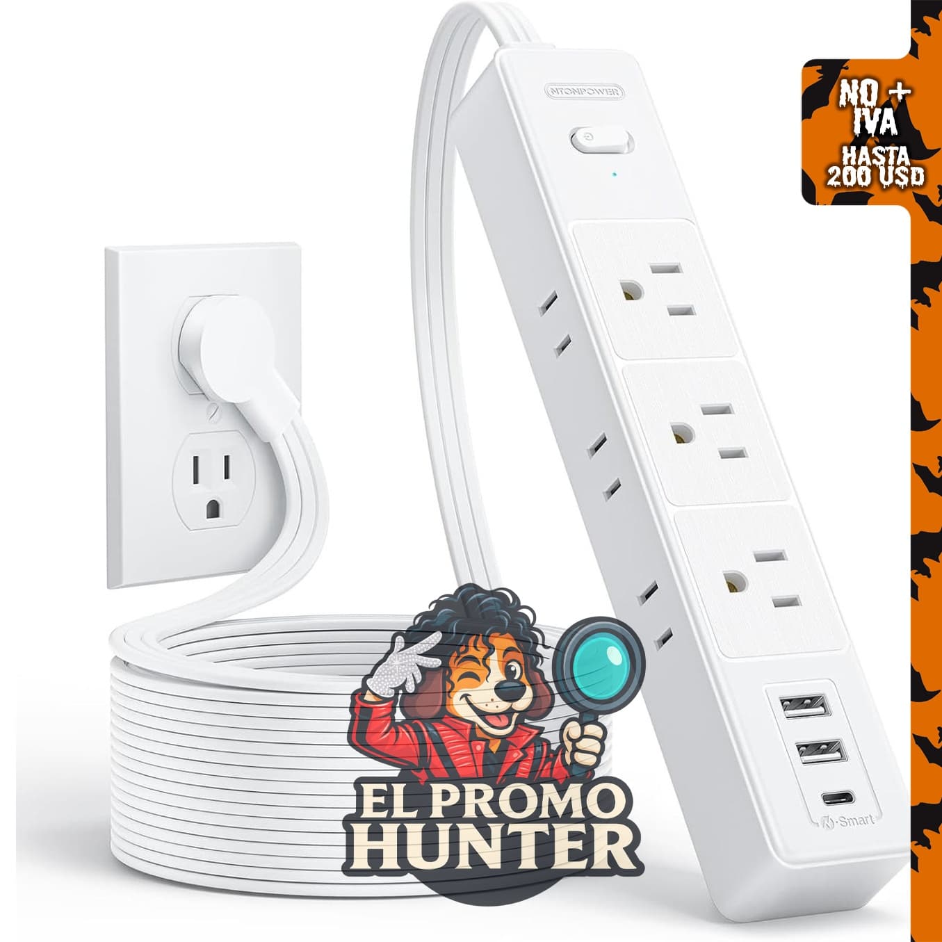 NTONPOWER Cable de extensión plano de 10 pies con 6 salidas y 3 puertos USB (1 USB C), protección contra sobrecarga.
