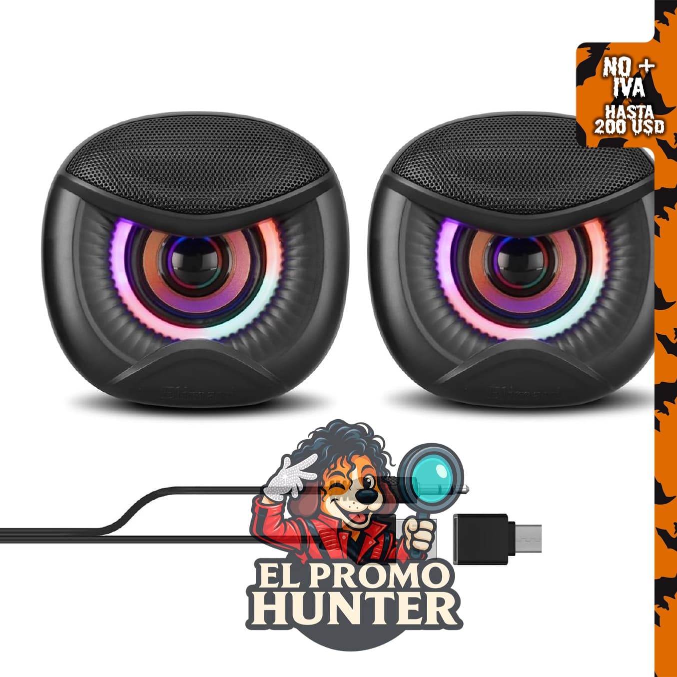 Altavoces USB para computadora con diseño de ojo de búho y adaptador USB-C.