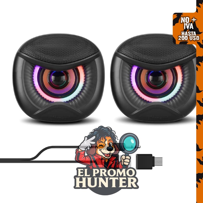 Altavoces USB para computadora con diseño de ojo de búho y adaptador USB-C.