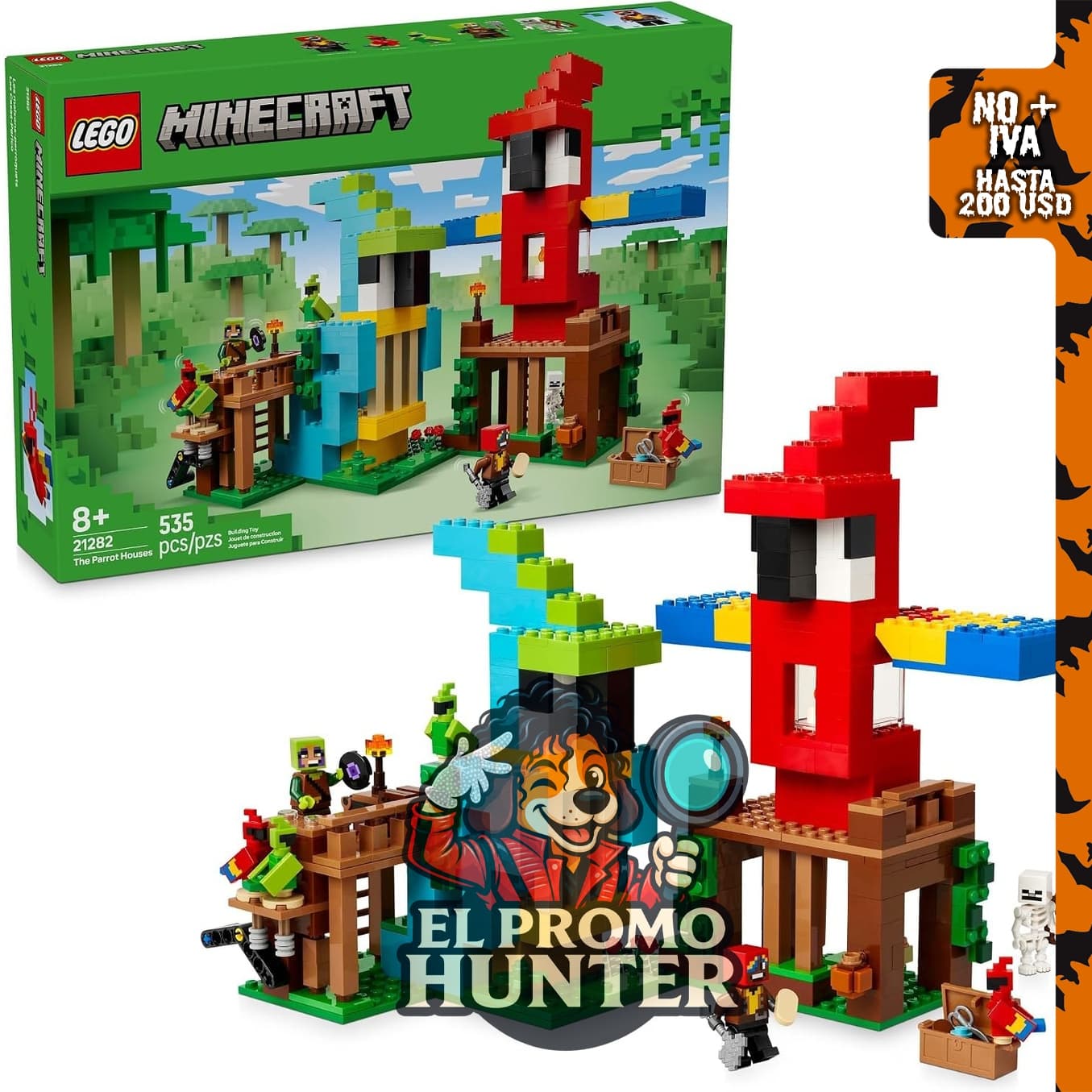 LEGO Minecraft Las Casas de los Loros - Juguete de construcción con minifiguras y accesorios de Jungle.