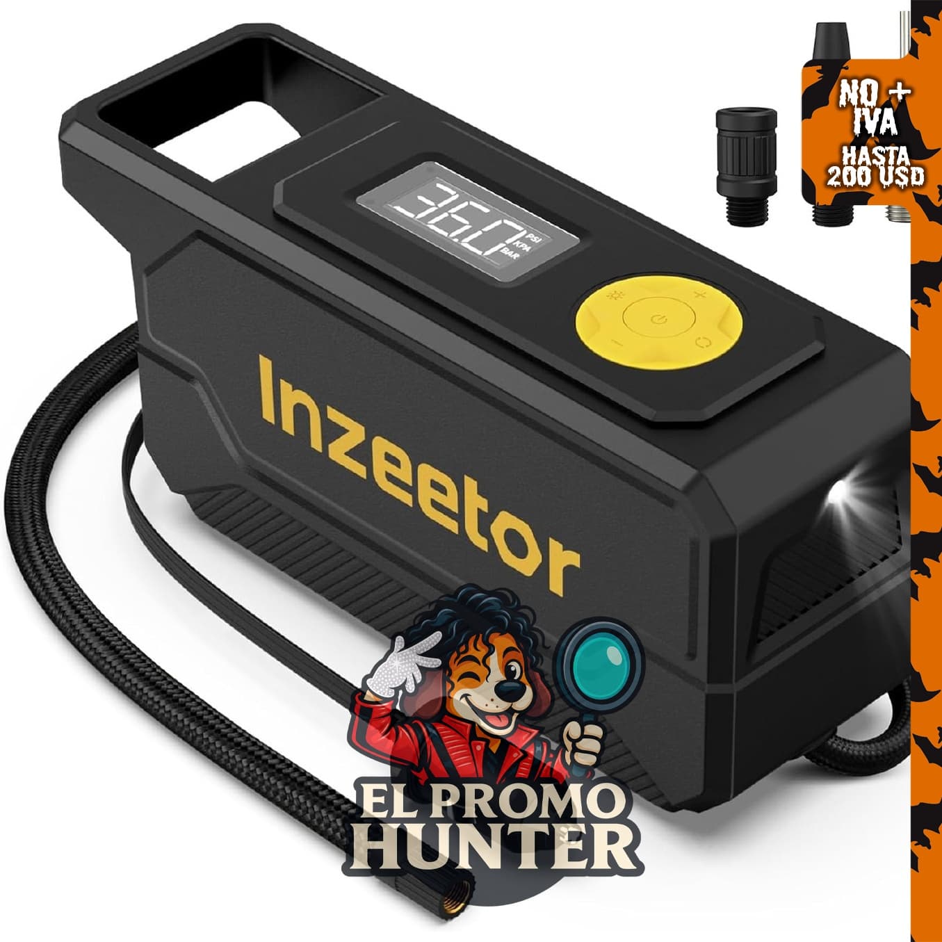 Compresor de aire portátil inzeetor, inflador de neumáticos hasta 150 PSI.