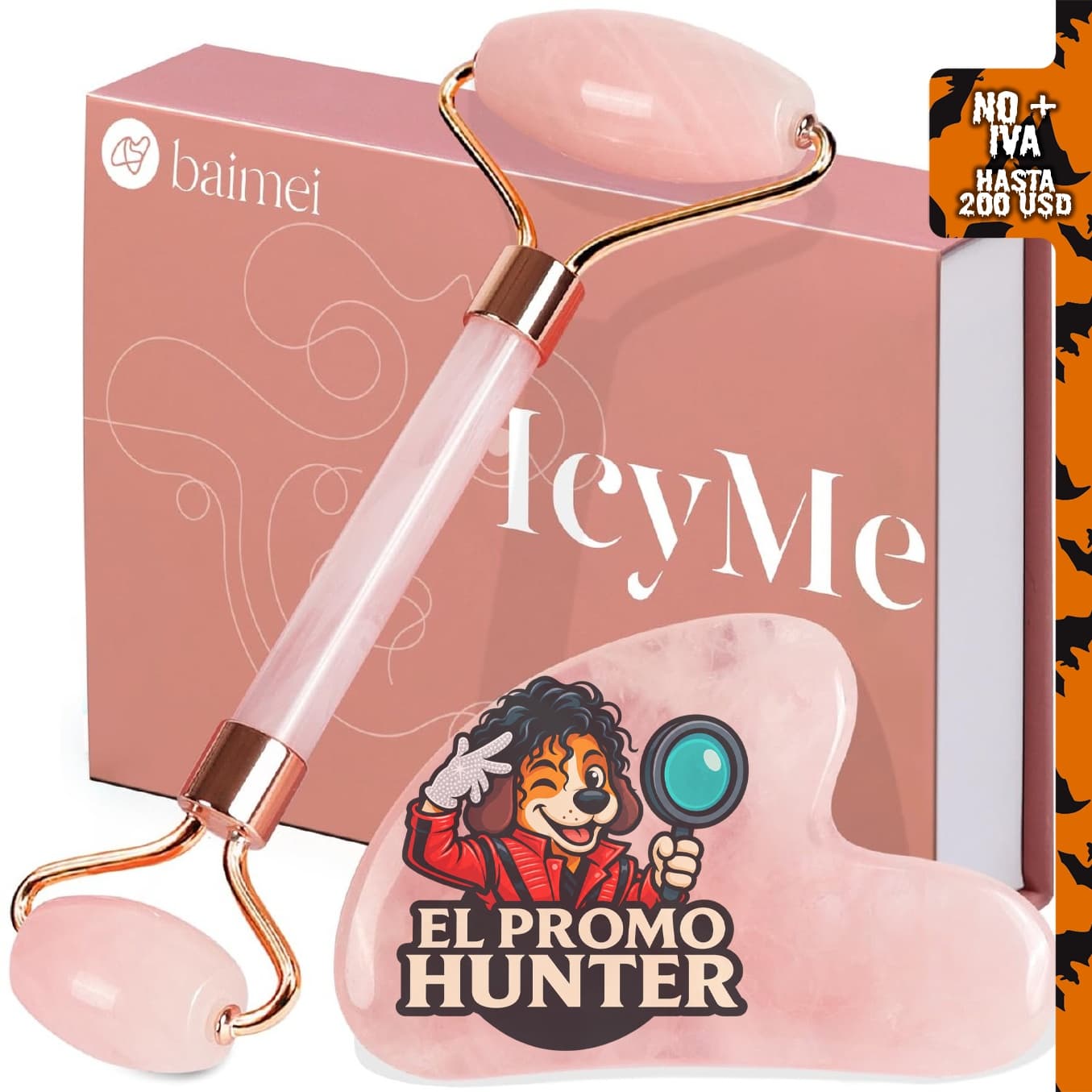 BAIMEI IcyMe - Juego de herramientas faciales de rodillo de cuarzo rosa.