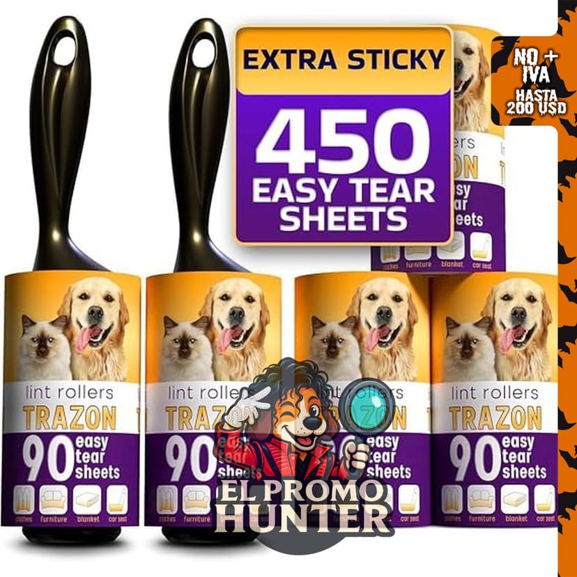 Paquete de 450 hojas de rodillos adhesivos para remover pelusa de mascotas en ropa y muebles.