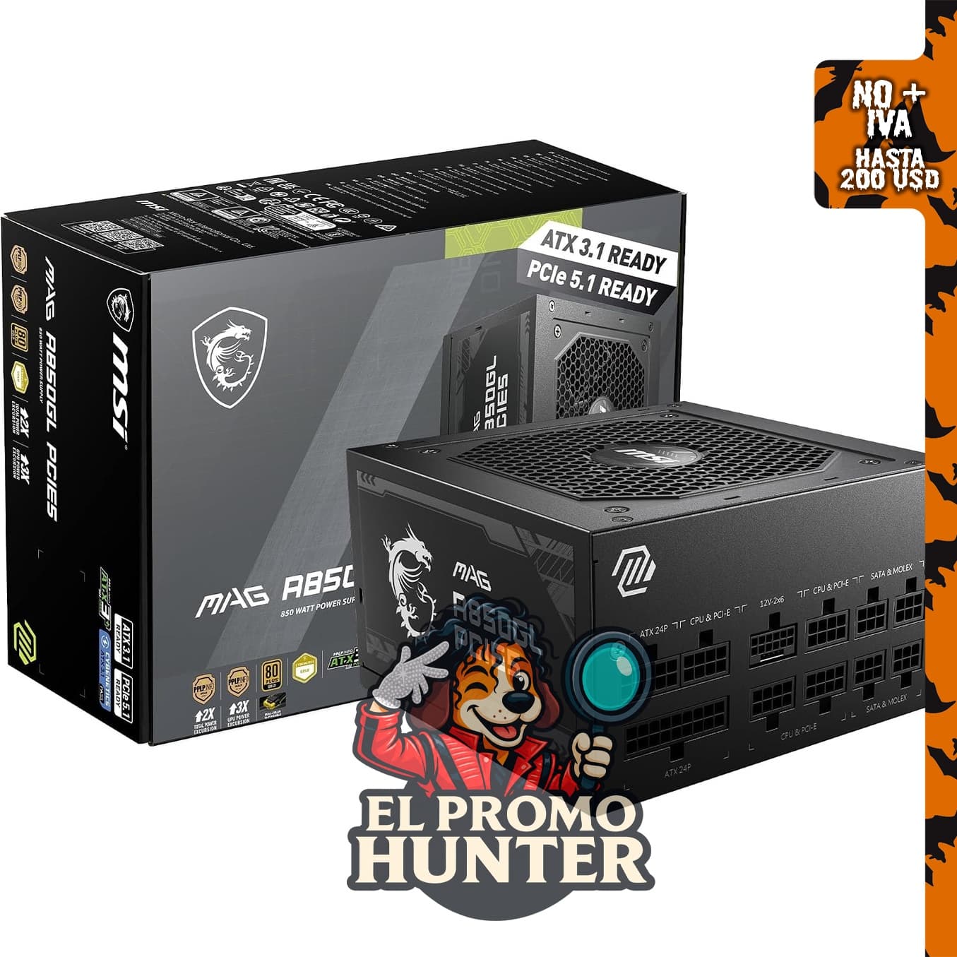 Fuente de poder MSI MAG A850GL PCIE5, modular, 850W, 80+ Gold, ATX 3.1 y PCIe 5.1.