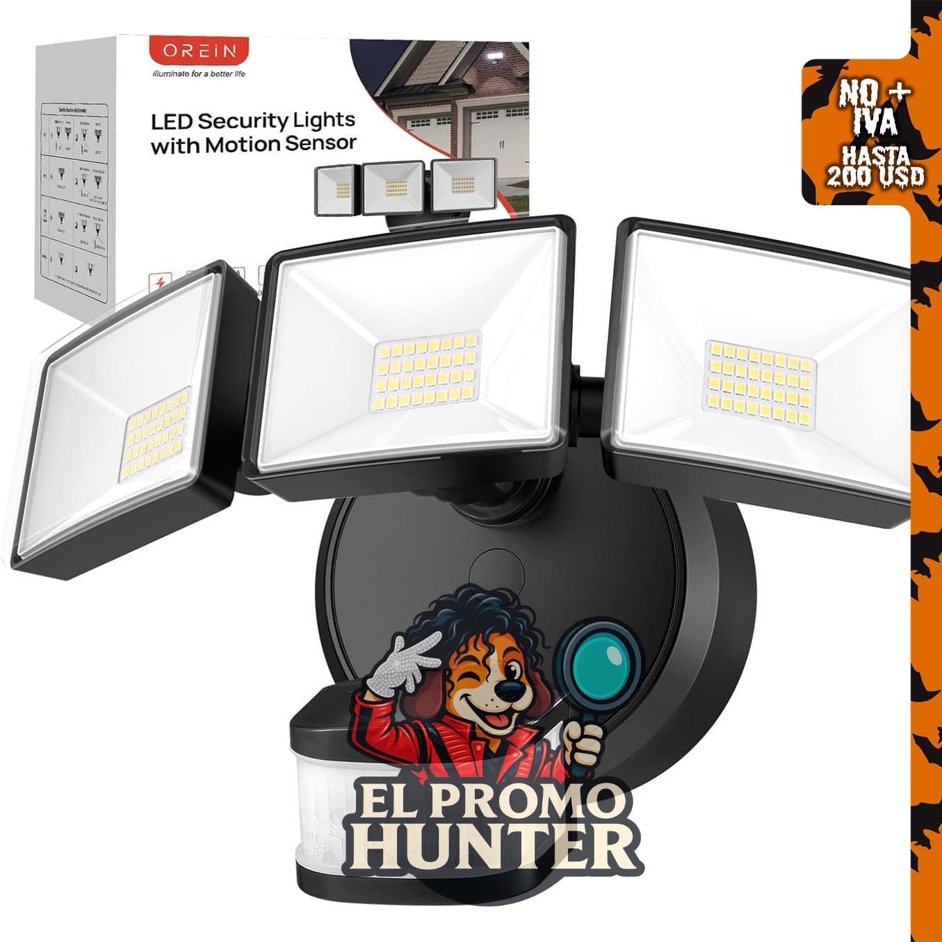 OREiN Luz de inundación para exteriores con sensor de movimiento, 42 W, 6500 lm, reflector impermeable IP65.
