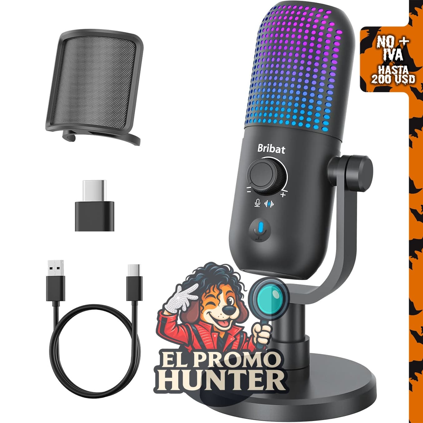 Micrófono USB BRIBAT para juegos de PC y transmisión, con cancelación de ruido cardioide y RGB.