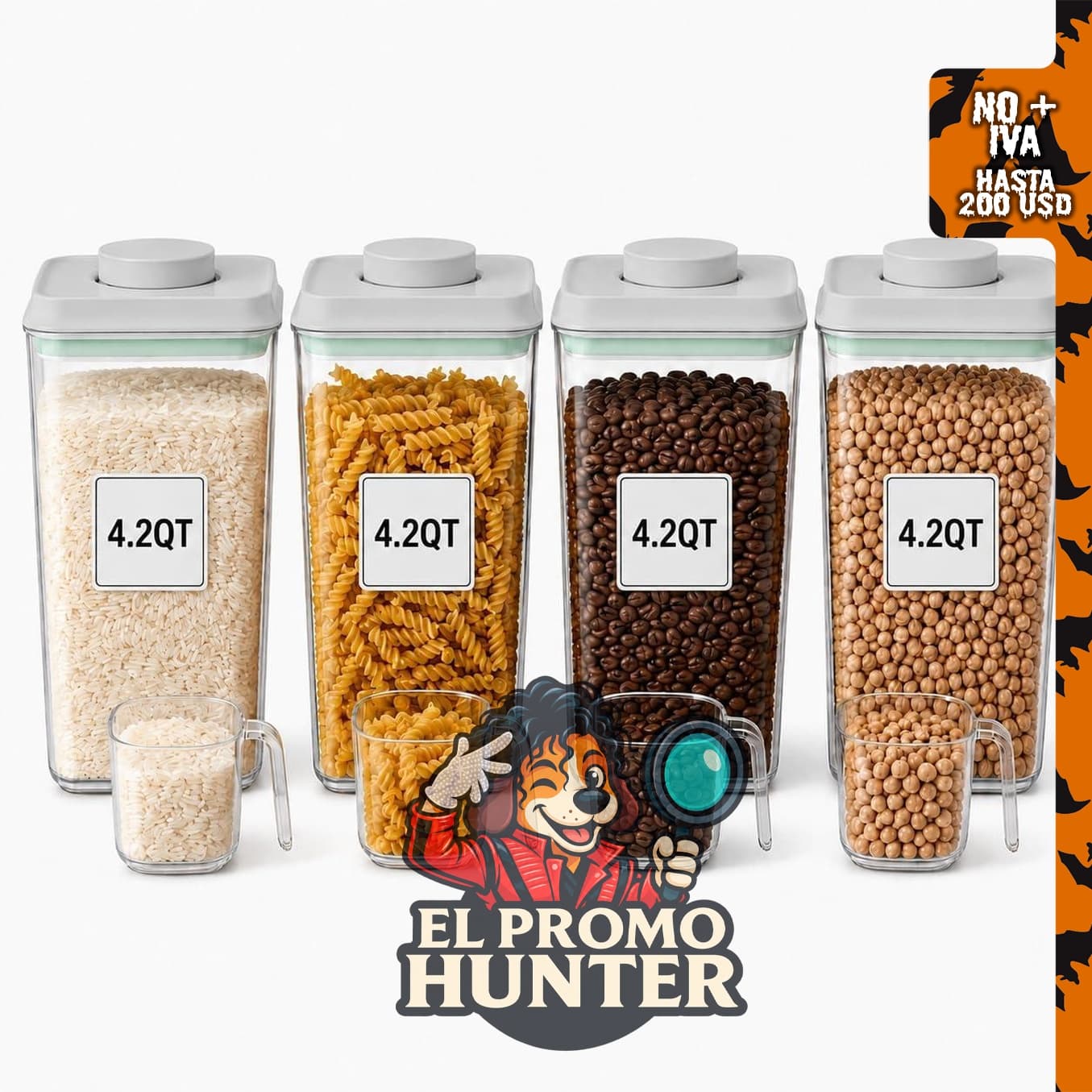 POP Recipiente hermético de almacenamiento de alimentos para harina y arroz, tarro de 4.2 qt (4 unidades) con cuchara de 3.3 oz (4 unidades), sin BPA.