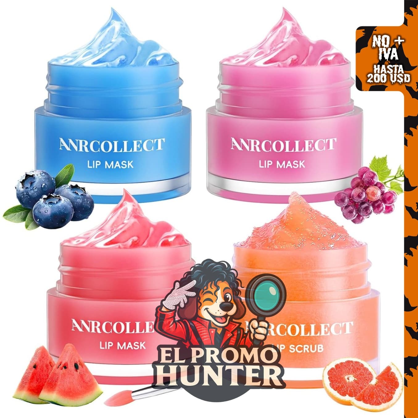 Juego de 4 mascarillas de labios y exfoliante labial.