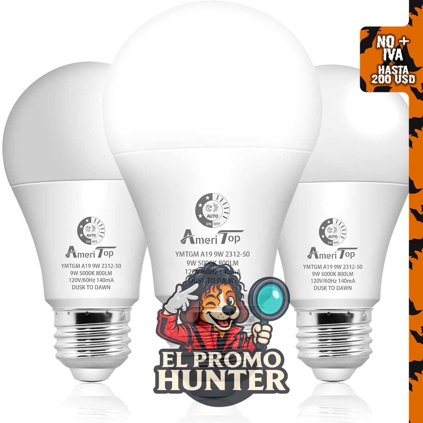 Paquete de 3 bombillas LED A19 con sensor, 5000K luz blanca diurna.