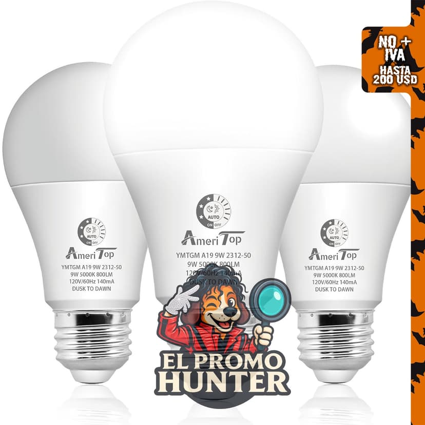 Paquete de 3 bombillas LED A19 con sensor, 5000K luz blanca diurna.