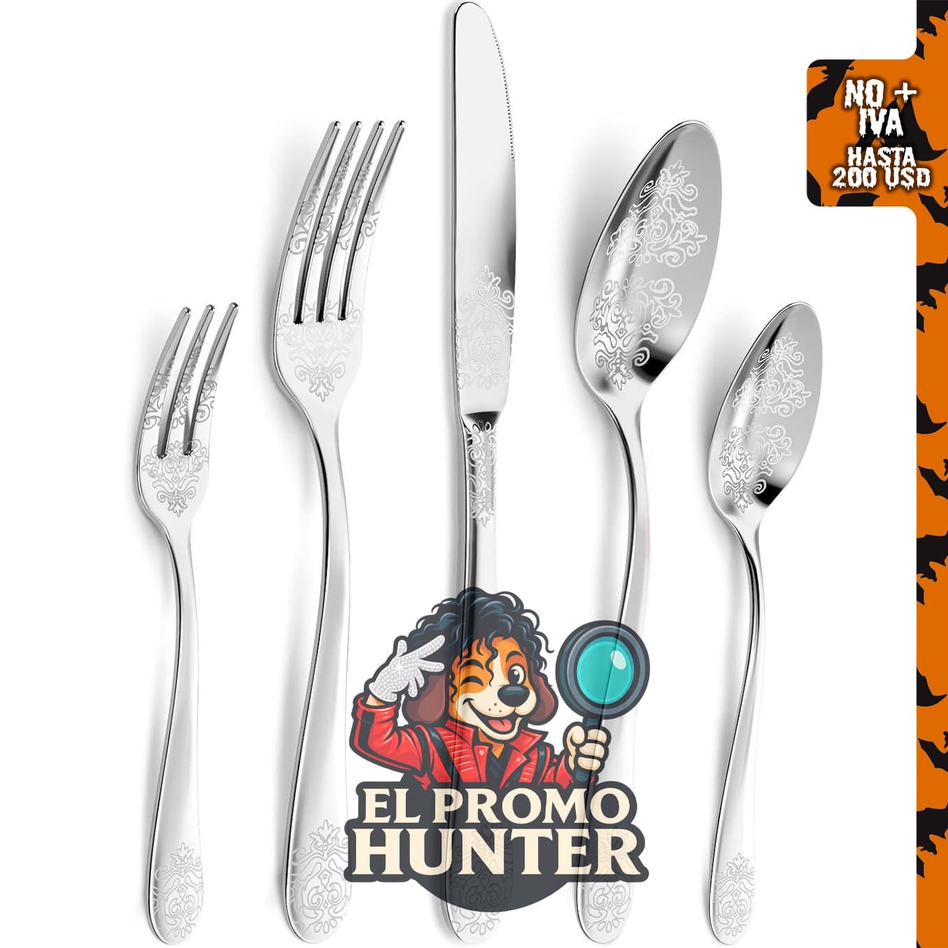 Juego de cubiertos de acero inoxidable de 40 piezas con grabado floral, incluye tenedores y cucharas.
