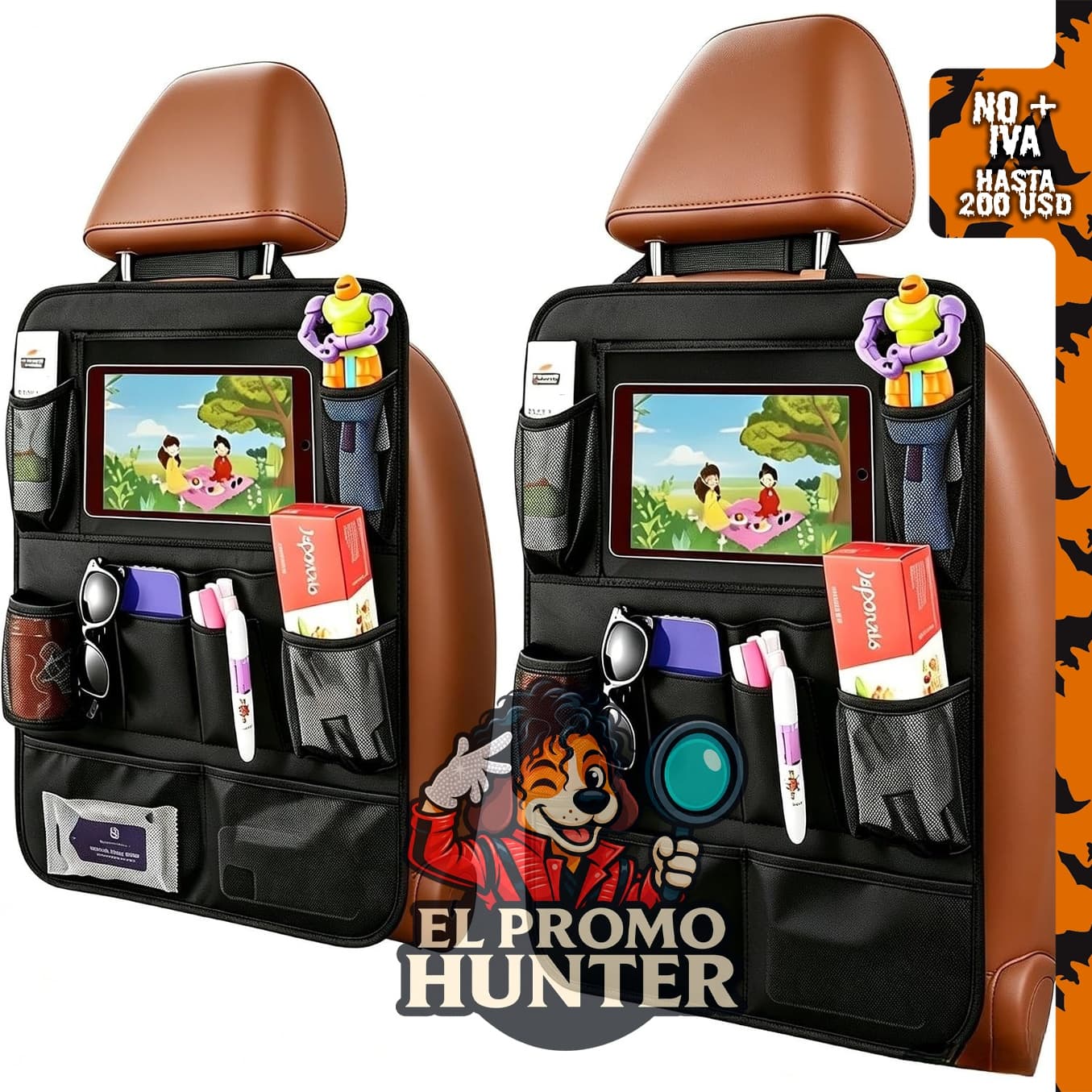 Organizador de asiento trasero de automóvil SANMITTI con soporte para tablet de 10" y bolsillos de almacenamiento.