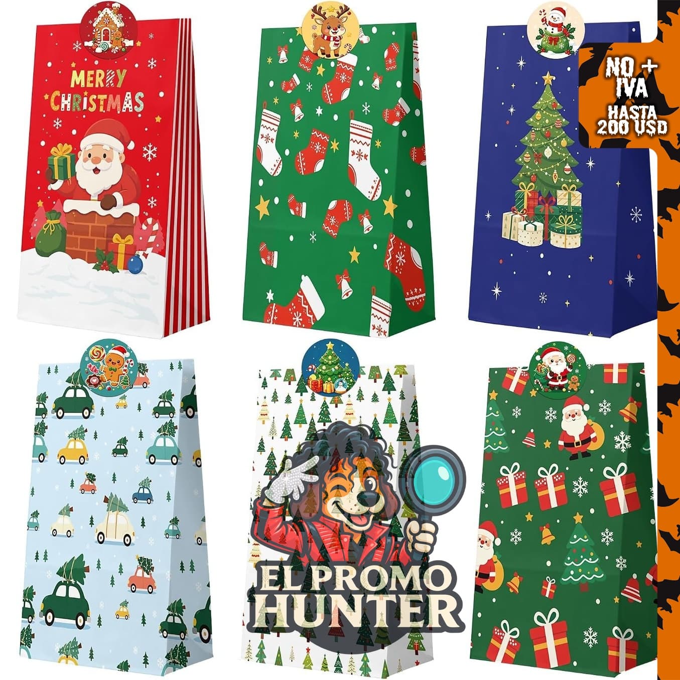 Bolsas de regalo de Navidad con calcomanías, ideales para envolver regalos.