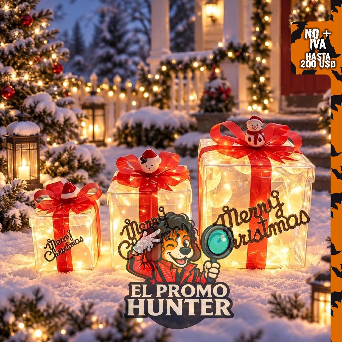 Juego de 3 cajas de regalo iluminadas de Navidad con luz LED y adornos de muñeco de nieve.