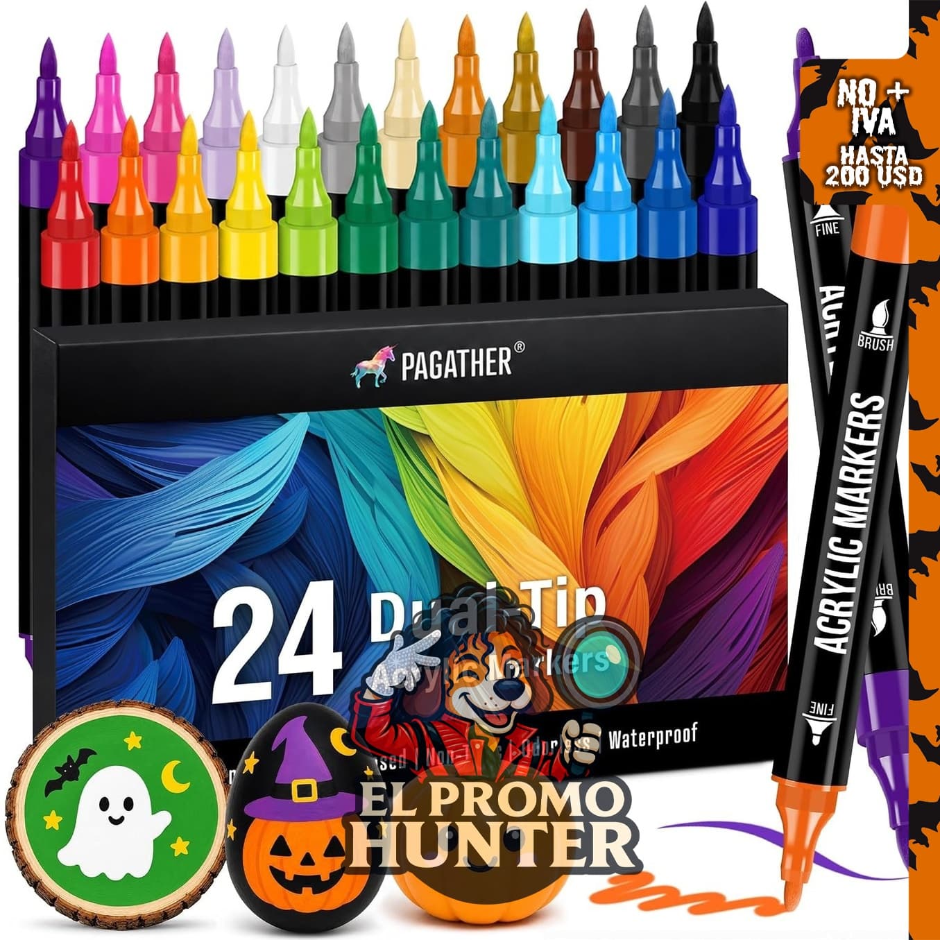 Marcadores de pintura acrílica, 24 colores, doble punta fina.