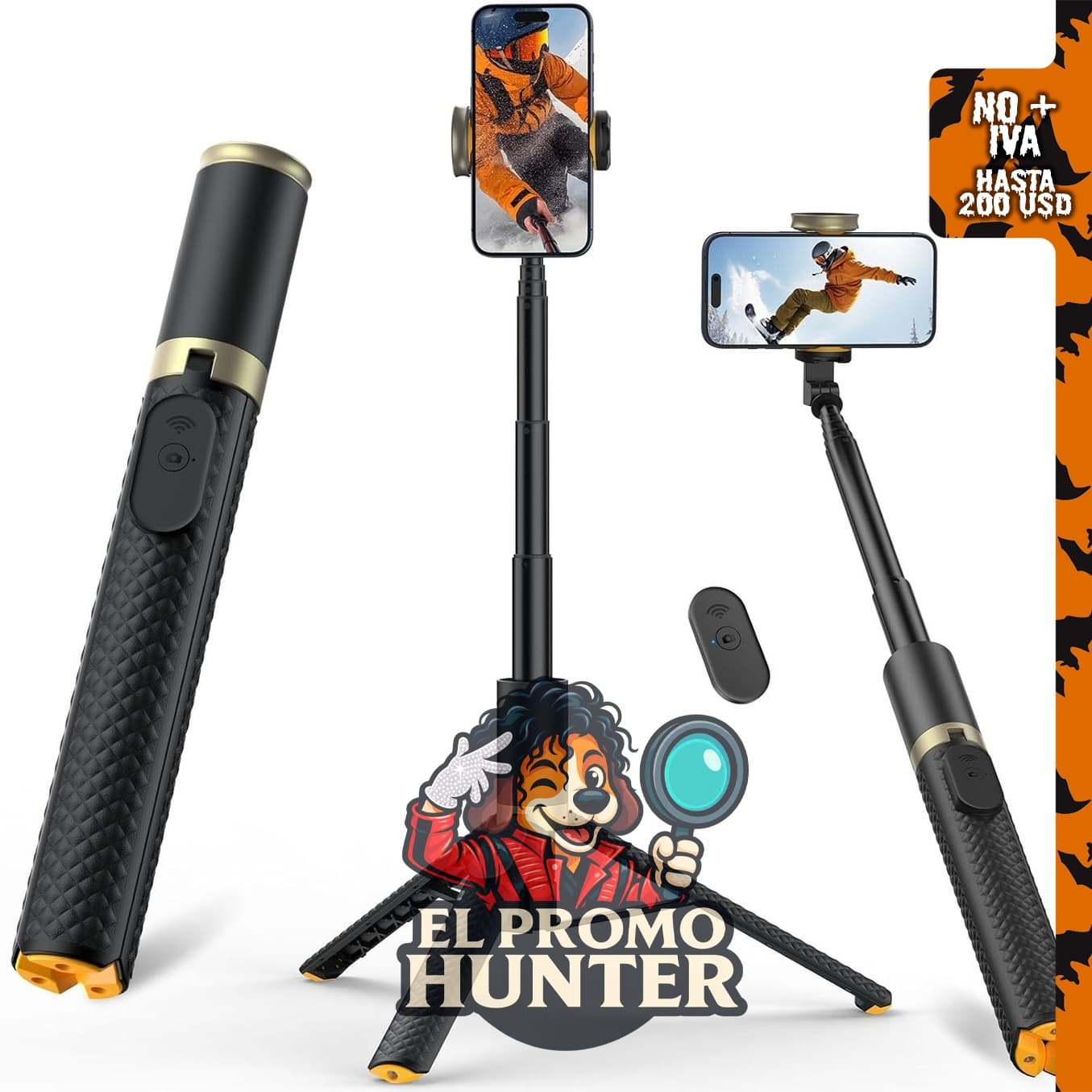 Trípode para iPhone, selfie stick con control remoto, diseño estable.