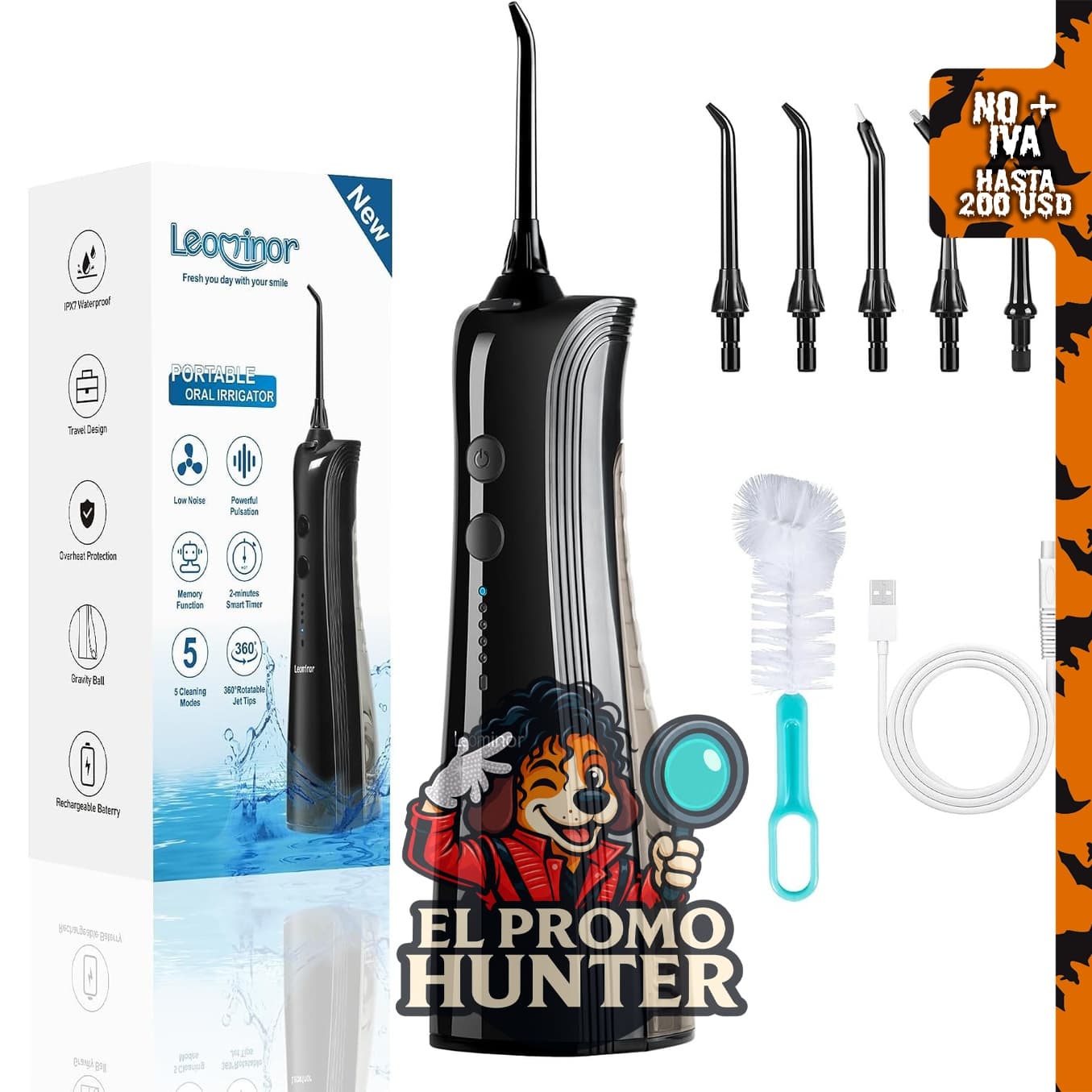 Leominor Hilo dental con agua, irrigador oral inalámbrico, 5 modos, portátil y recargable.