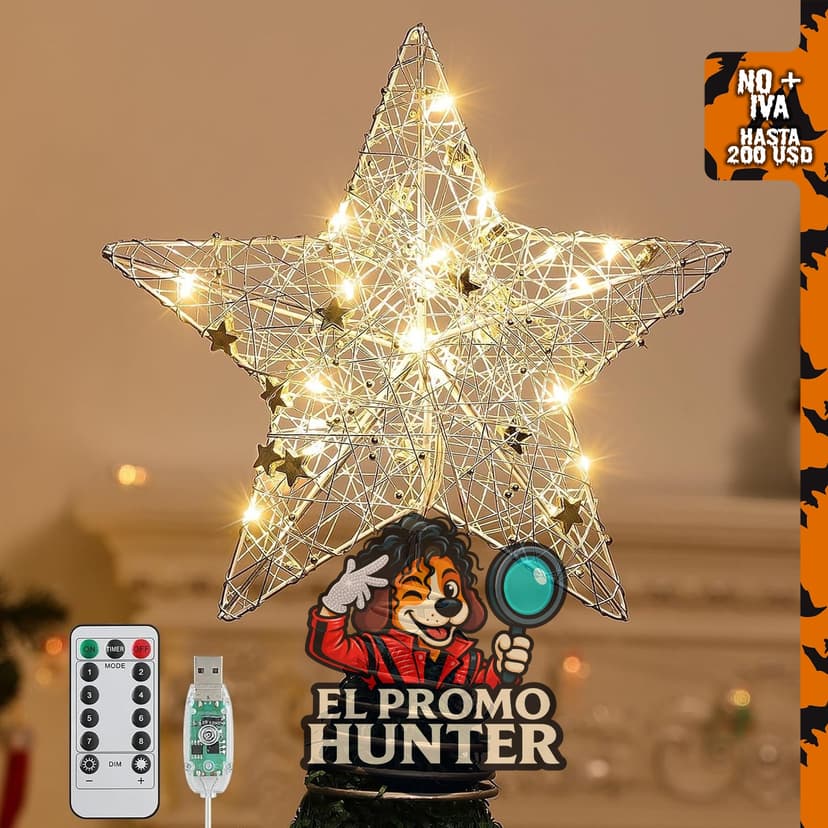 Roylvan Decoración para árbol de Navidad con estrella y 20 luces LED, incluye 8 modos de iluminación.