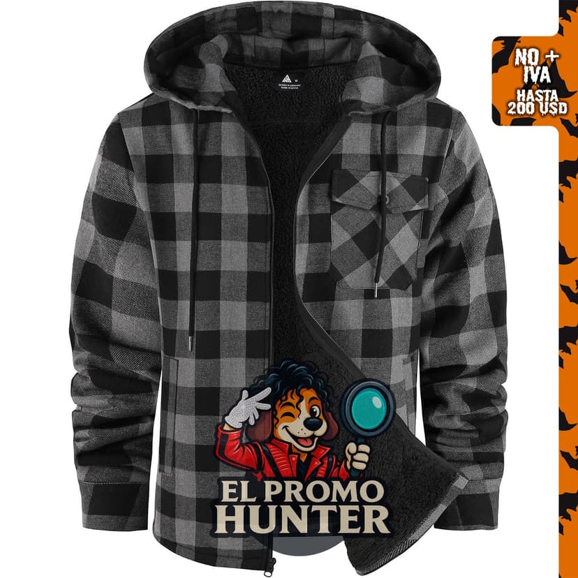Chaqueta de franela con capucha para hombre, forro de sherpa, diseño a cuadros, cierre de cremallera.
