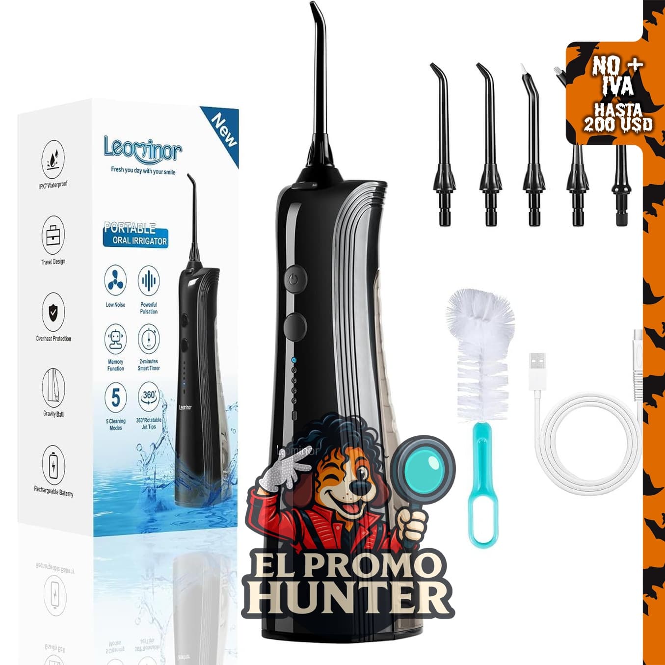 Leominor Hilo dental con agua, irrigador oral inalámbrico, 5 modos, recargable, tanque desmontable, impermeable IPX7.