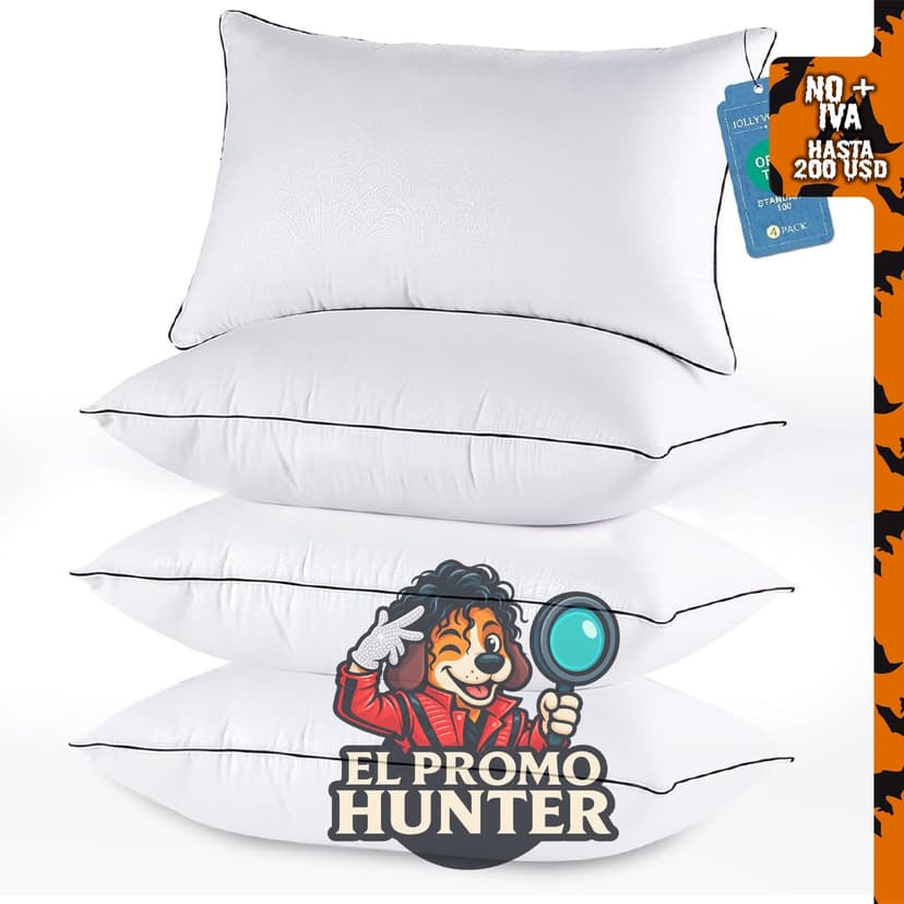 JOLLYVOGUE Juego de 4 almohadas tamaño Queen con relleno alternativo de plumón certificado Oeko-Tex.