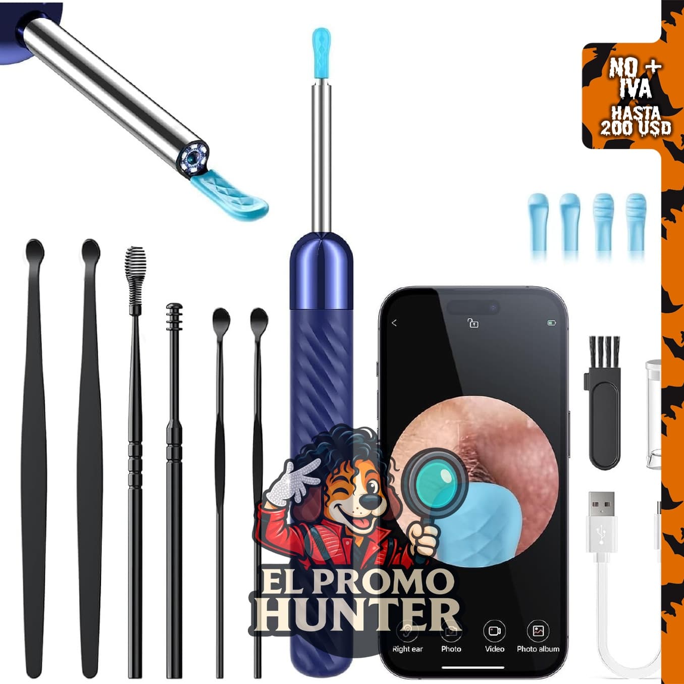 Kit de eliminación de cera de oído con cámara y otoscopio.