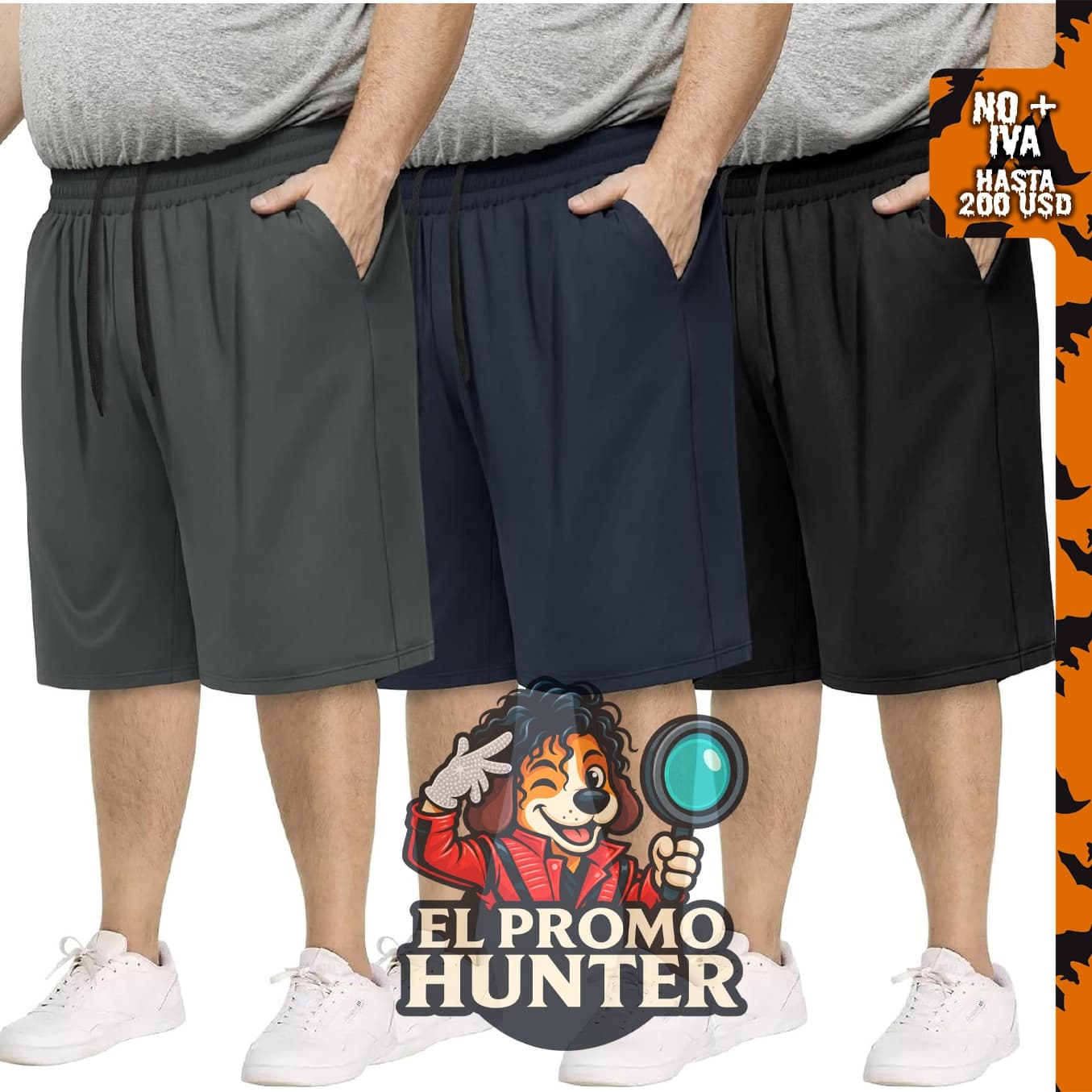 Pack de 3 pantalones cortos deportivos para hombre, talla 3XL-5XL, color negro.