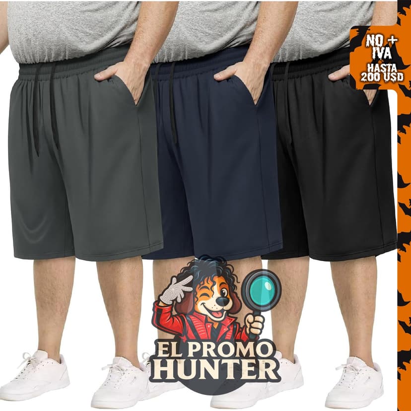 Pack de 3 pantalones cortos deportivos para hombre, talla 3XL-5XL, color negro.