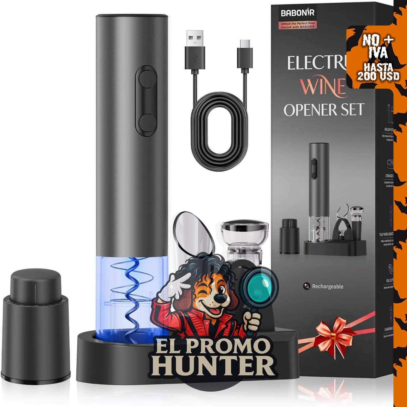 Abrevino eléctrico recargable, juego de regalo de vino 7 en 1 BABONIR.