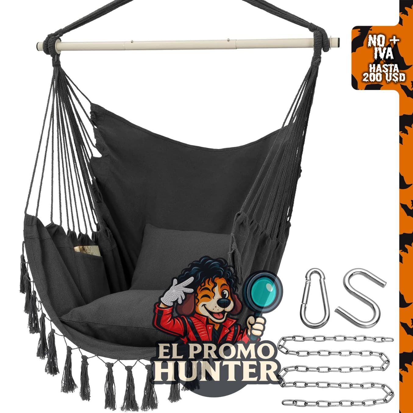 Silla hamaca colgante de cuerda, capacidad máxima de 227 kg, incluye 2 cojines, tejido de algodón.