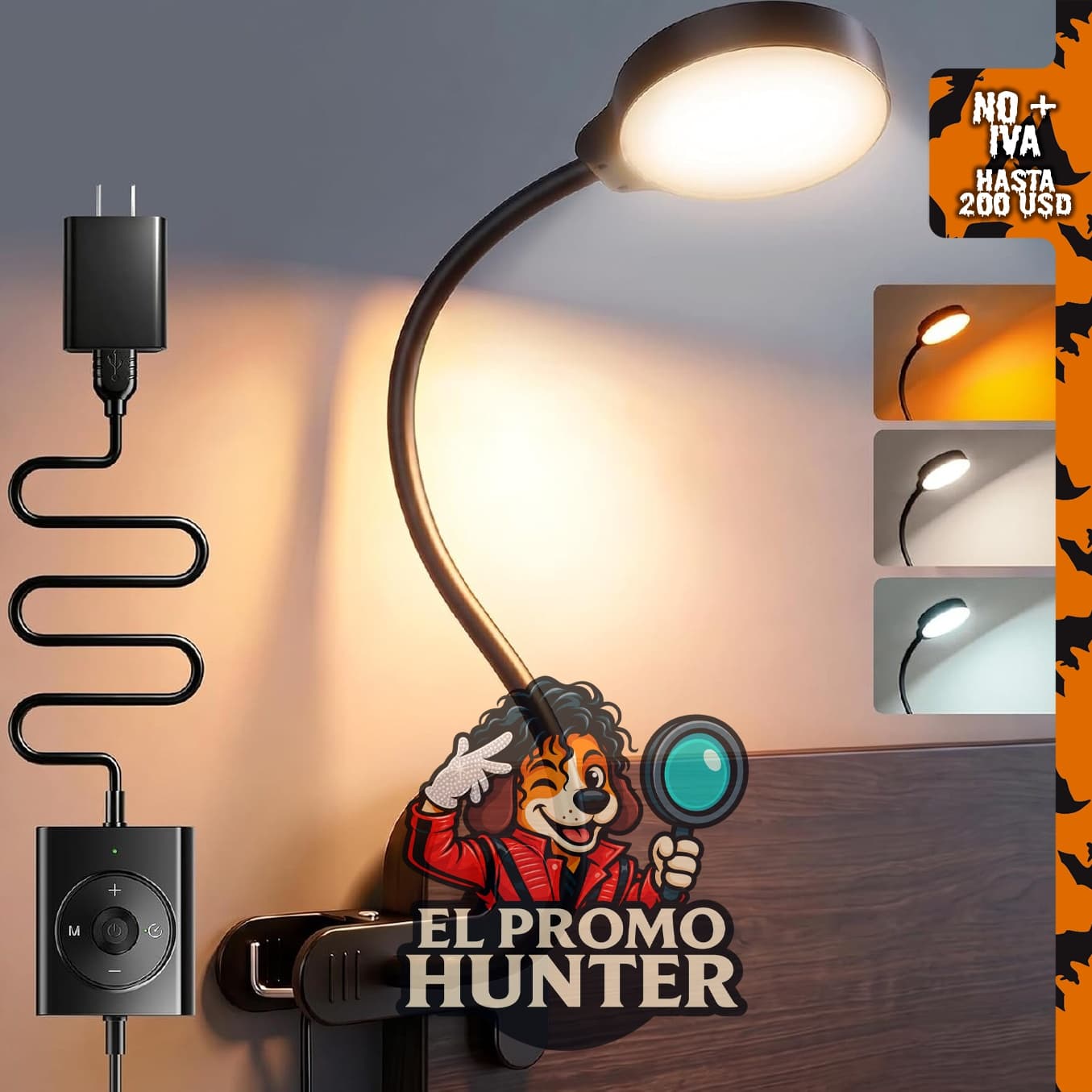 Glocusent Luz de clip de 5 W, luz de lectura con 36 LED, 3 colores y 5 niveles de brillo.