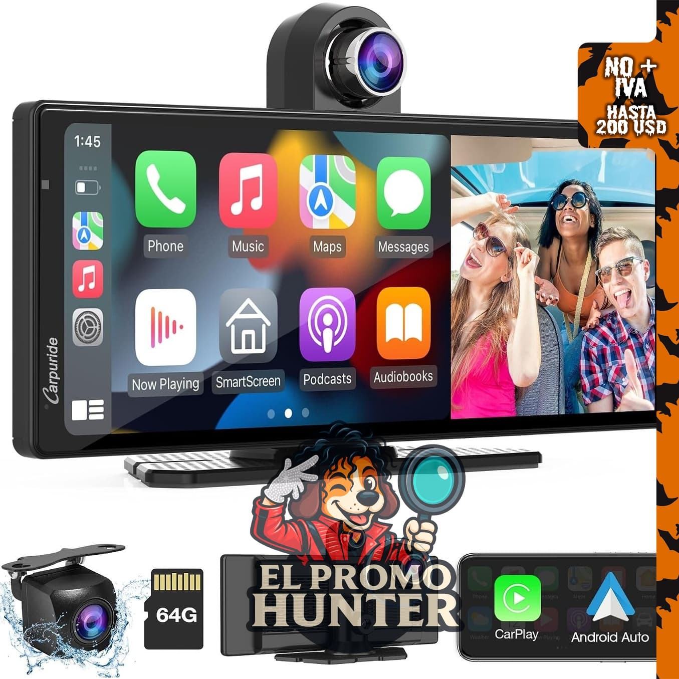 Carpuride Carplay inalámbrico W903 de 9.3" y Android Auto con Dash Cam.