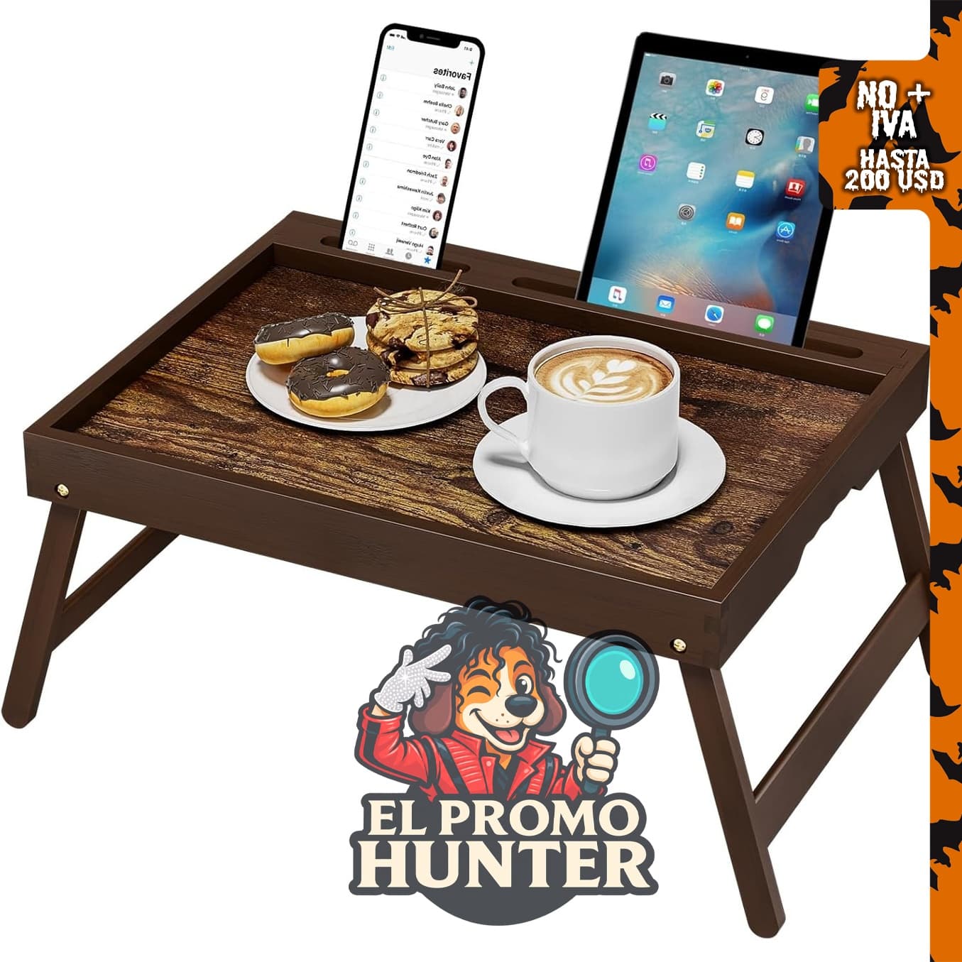 Mesa de bambú con soporte para dispositivos, tamaño mediano, nogal.