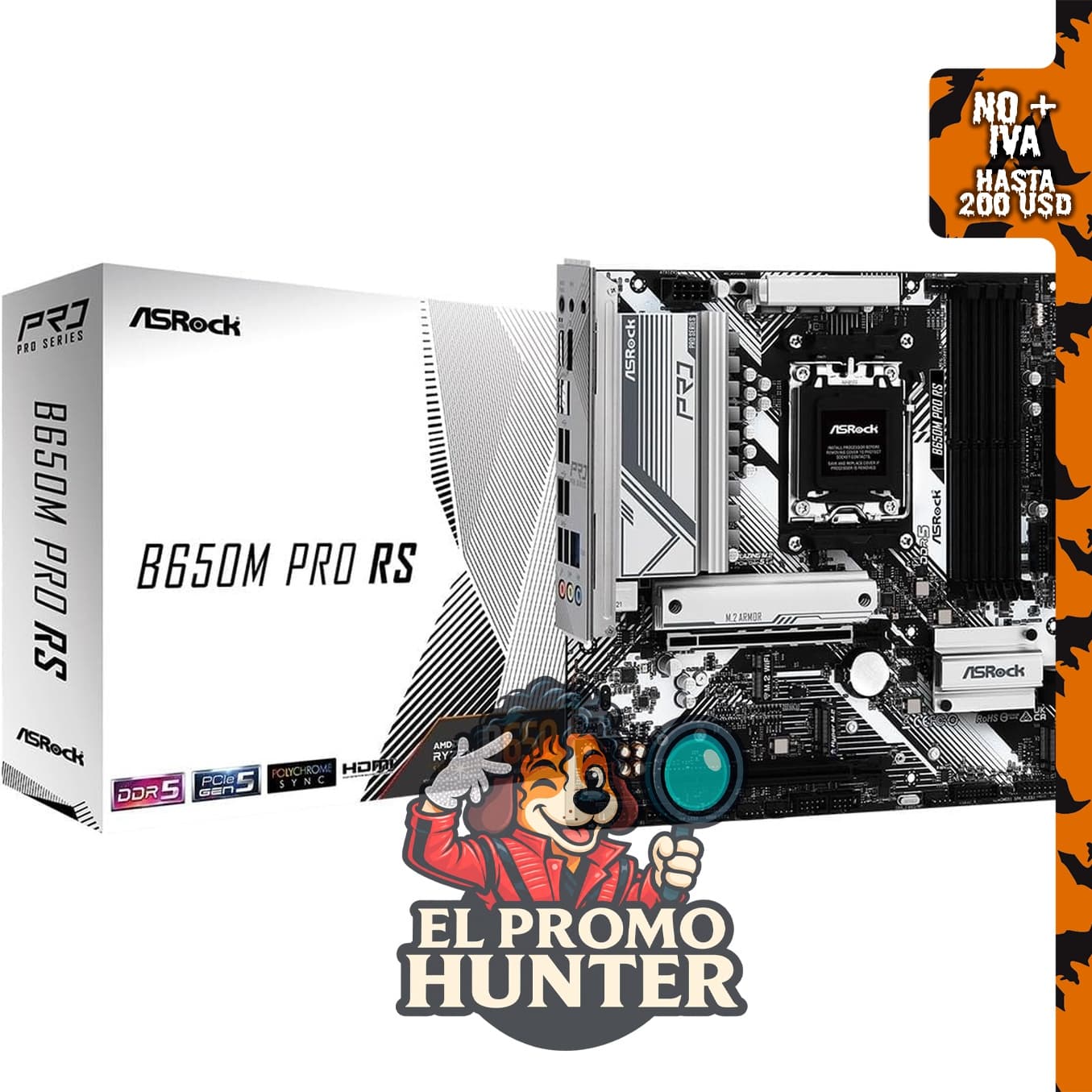 Asrock B650M Pro RS, placa madre para procesadores AMD Socket AM5, compatible con Ryzen 7000/8000/9000, DDR5 7200+.