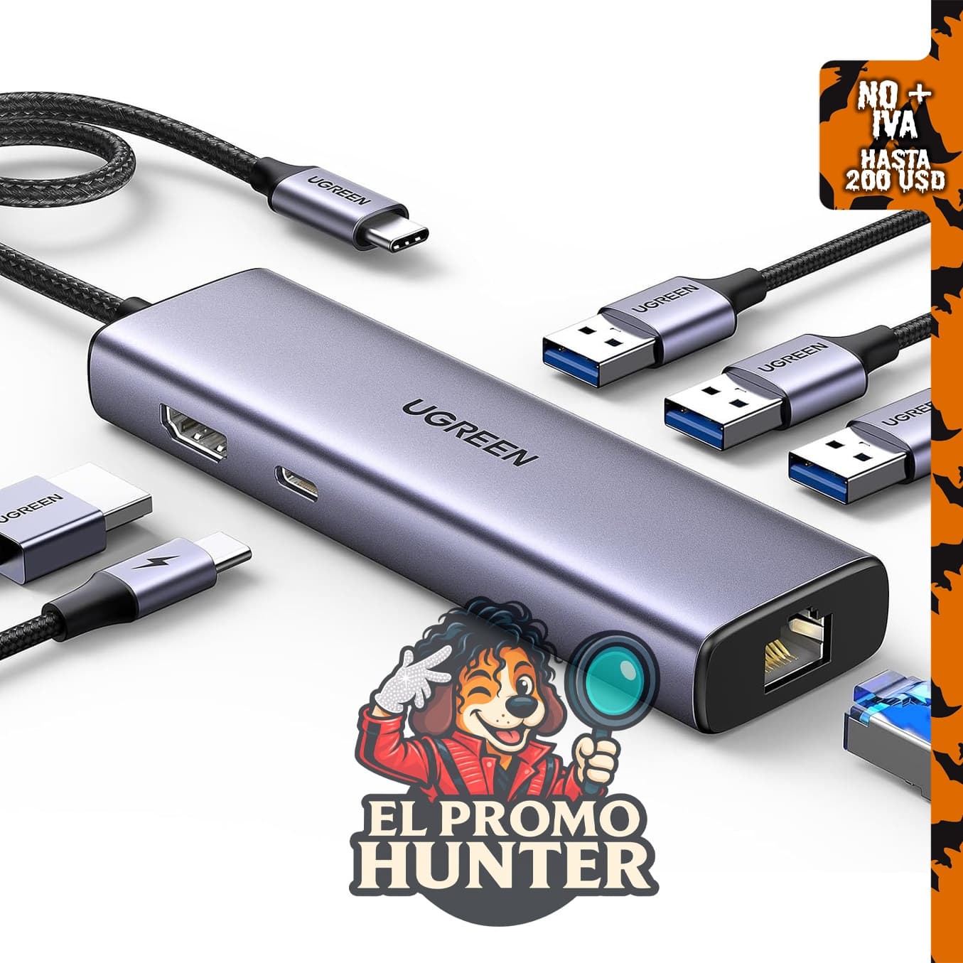 UGREEN Adaptador Gigabit Ethernet 6 en 1 USB C Hub con HDMI 4K.