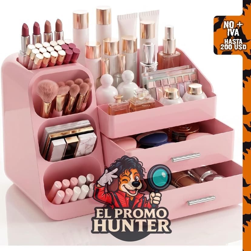 Organizador de maquillaje rosa con cajón para encimera de baño, tocador y escritorio.