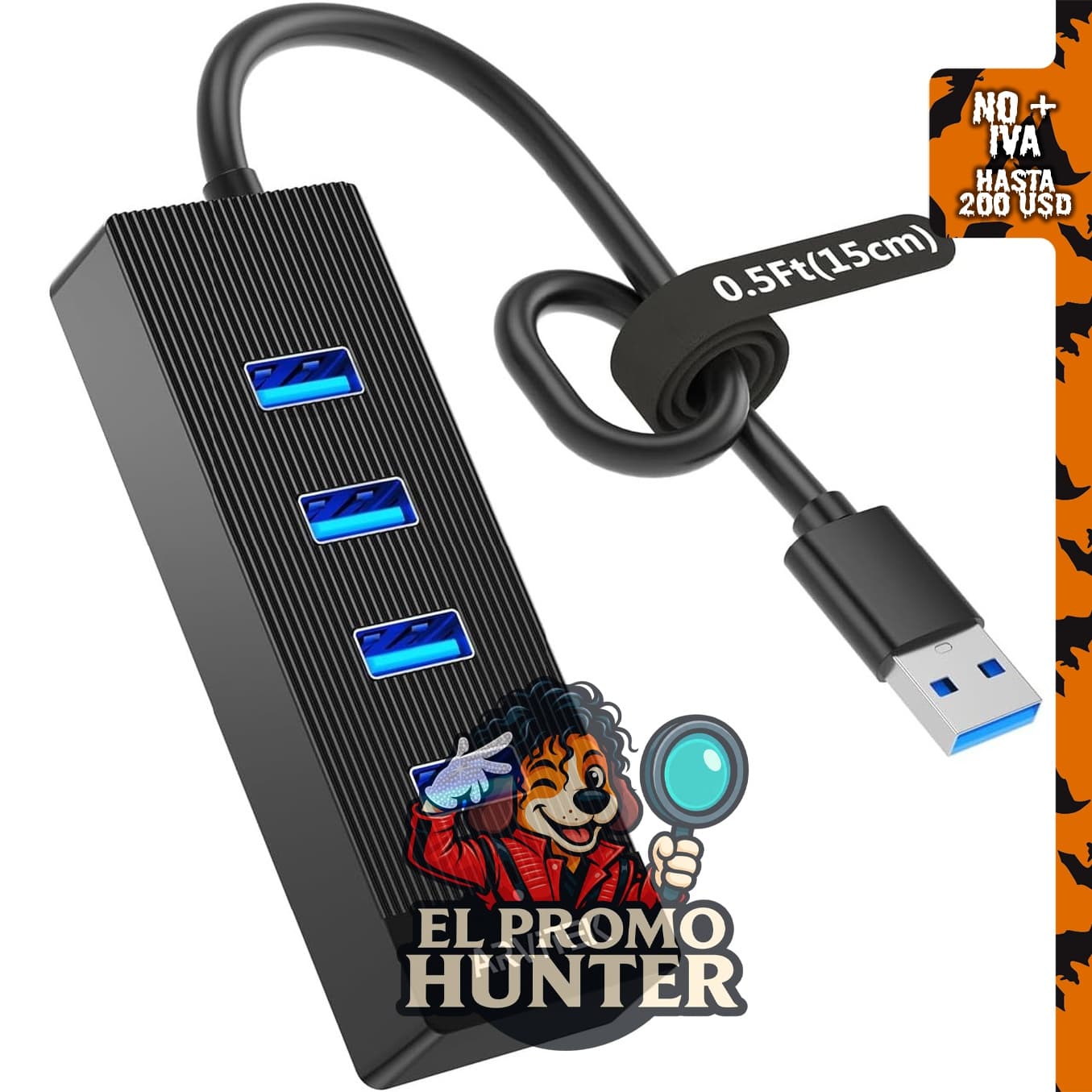 Hub USB de 4 puertos, 0.5" (15 cm).