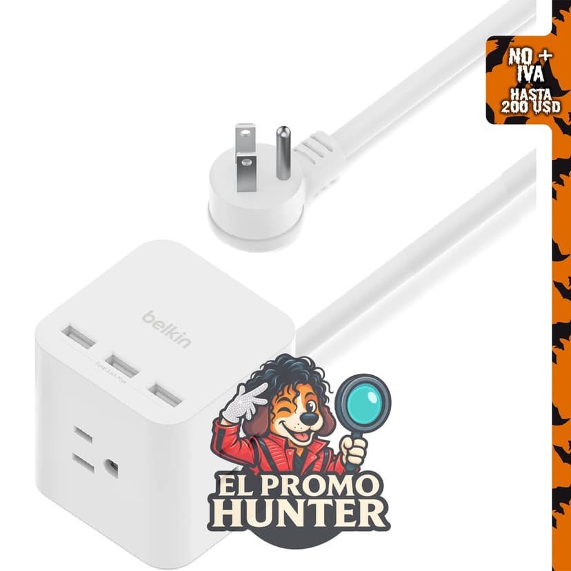 Belkin Cubo de alimentación con 6 tomas, 3 salidas de CA y 3 puertos USB-A.