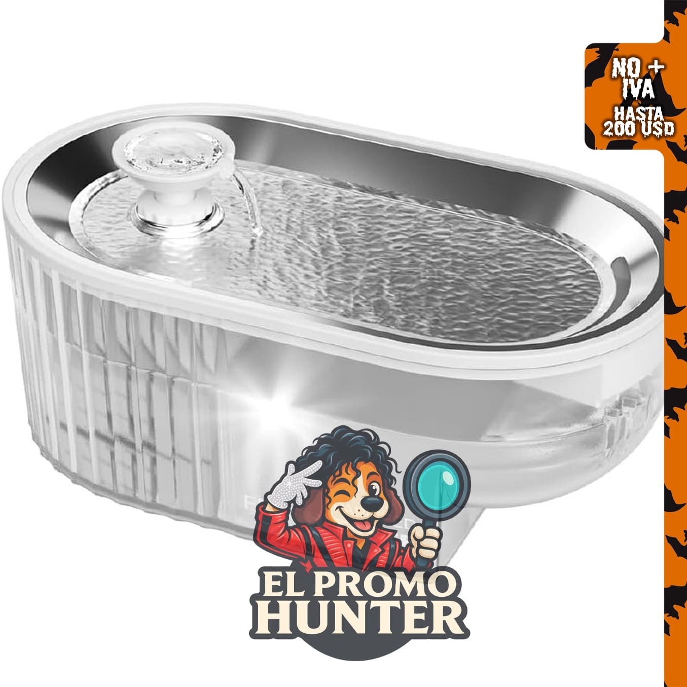 PAPIFEED fuente de agua automática para gatos de acero inoxidable, 2.5 L, con nivel de agua visible.
