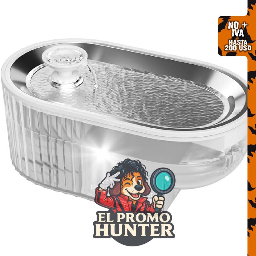 PAPIFEED fuente de agua automática para gatos de acero inoxidable, 2.5 L, con nivel de agua visible.
